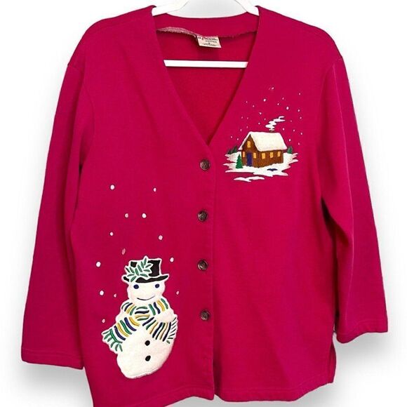 Aileen Cardigan Sweater Women's Medium Petite Pink Snowman Patchwork Grandmacore - Picture 1 of 9